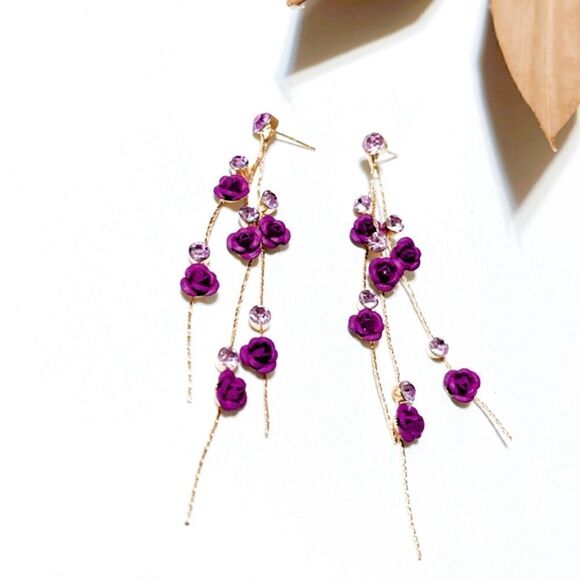 Purple flower drop earrings S293 - Picture 1 of 4